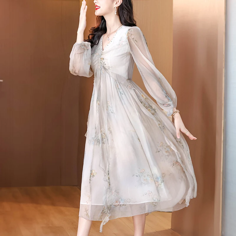 2025 Spring Holiday Boho Beach Hepburn Maxi Vestidos Women's Vintage Print Elegant Evening Prom Summer Luxury Silk Midi Dress