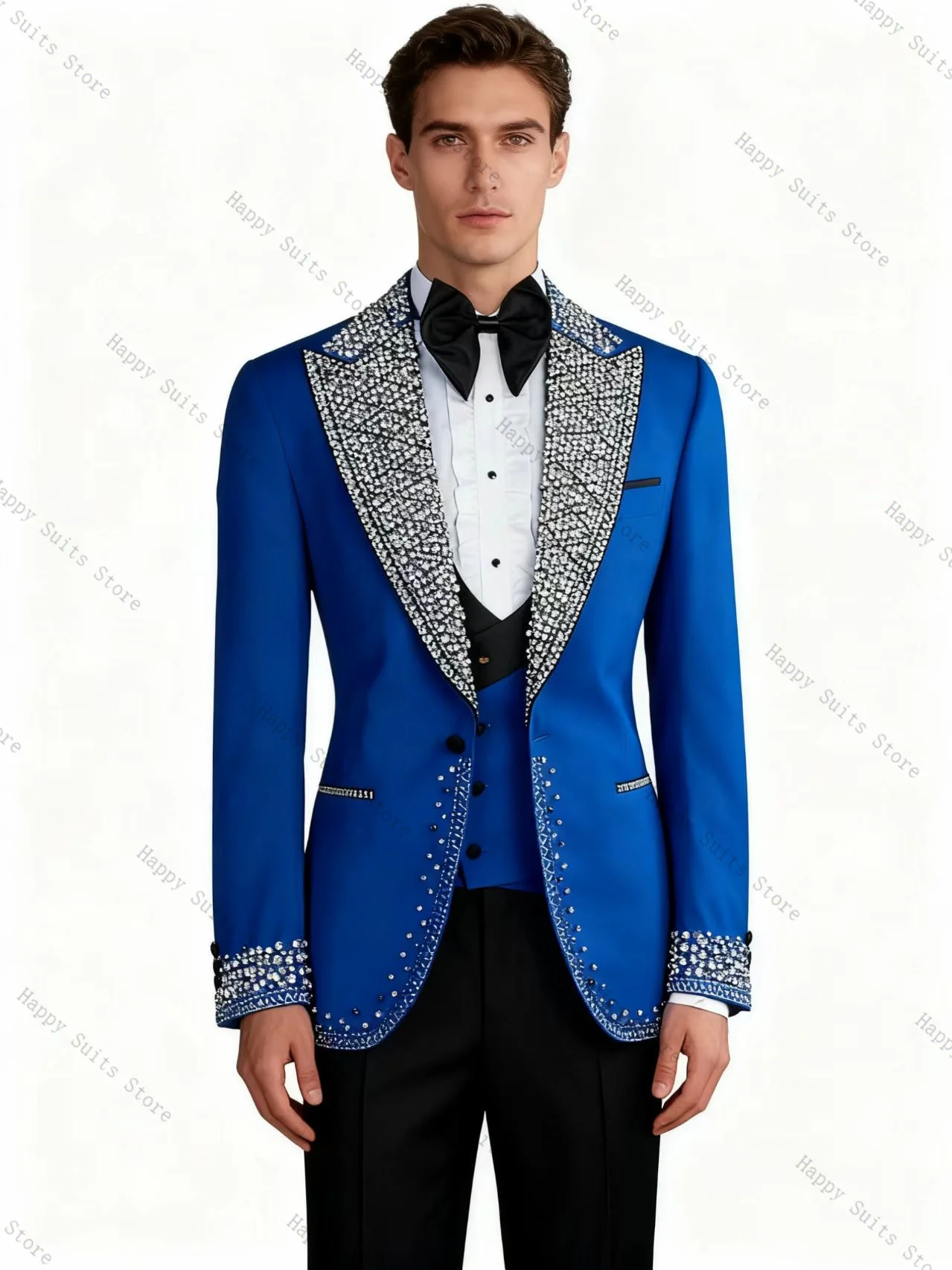 

Blue Crystals Men Suit Set 2 Pcs Blazer+Cotton Pants Trouser Formal Office Coat Wedding Tuxedo Customized Jacket Outfit