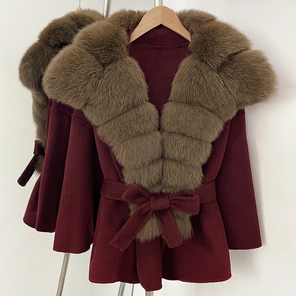 OFTBUY Modische Lässige Neue Herbst-Winter-Wollkleidung für Damen, Gürtel, Echter Fuchspelz, Wolljacke, Warmer Natürlicher Pelz-Wollmantel für Damen – Detail 12