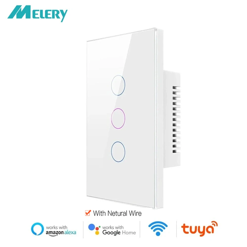 

Melery Tuya Wi-Fi Smart Life Light Настенный переключатель США Сенсорный датчик Стеклянная панель Беспроводной голосовой пульт дистанционного управления от Alexa Google Home