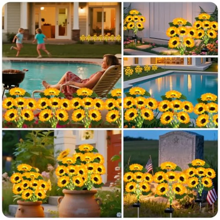 Solar Lights Outdoor Garden Decor, 4 Pack with 24 Sunflower Lights, Solar Flowers Lights Waterproof, Birthday Gifts for Mom Wom