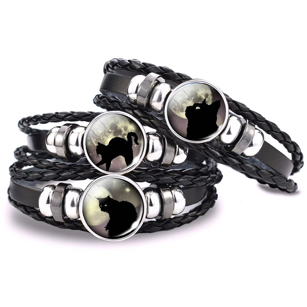 Black Cat Bracelet Animal Cute Cat Jewelry Steampunk Men Leather Handmade Bangle Weave Women Cats Lover Gifts