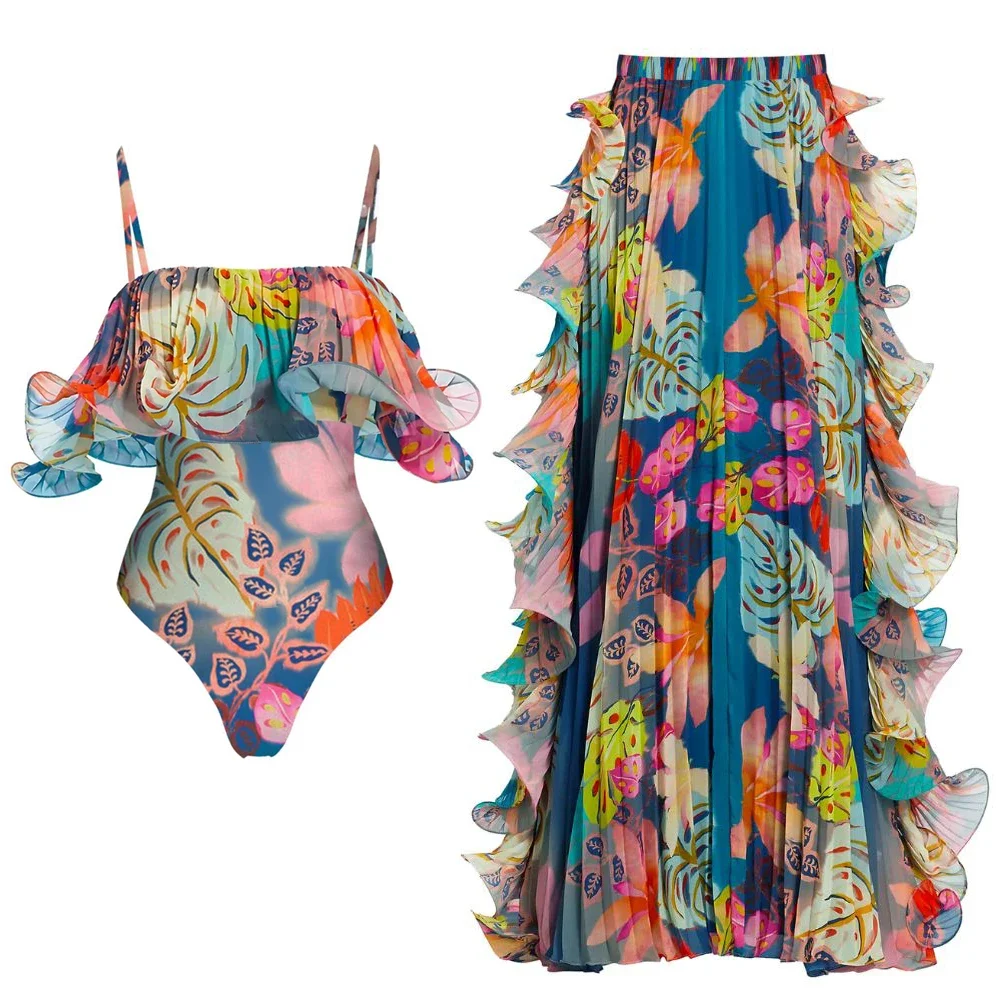 FLAXMAKER Flowers Printed One Piece Swimsuit and Skirt Women Beachwear Luxury Bathing Suit