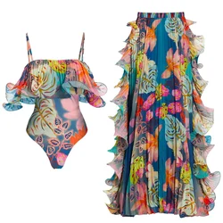 FLAXMAKER  Flowers Printed One Piece Swimsuit and Skirt Women Beachwear Luxury Bathing Suit