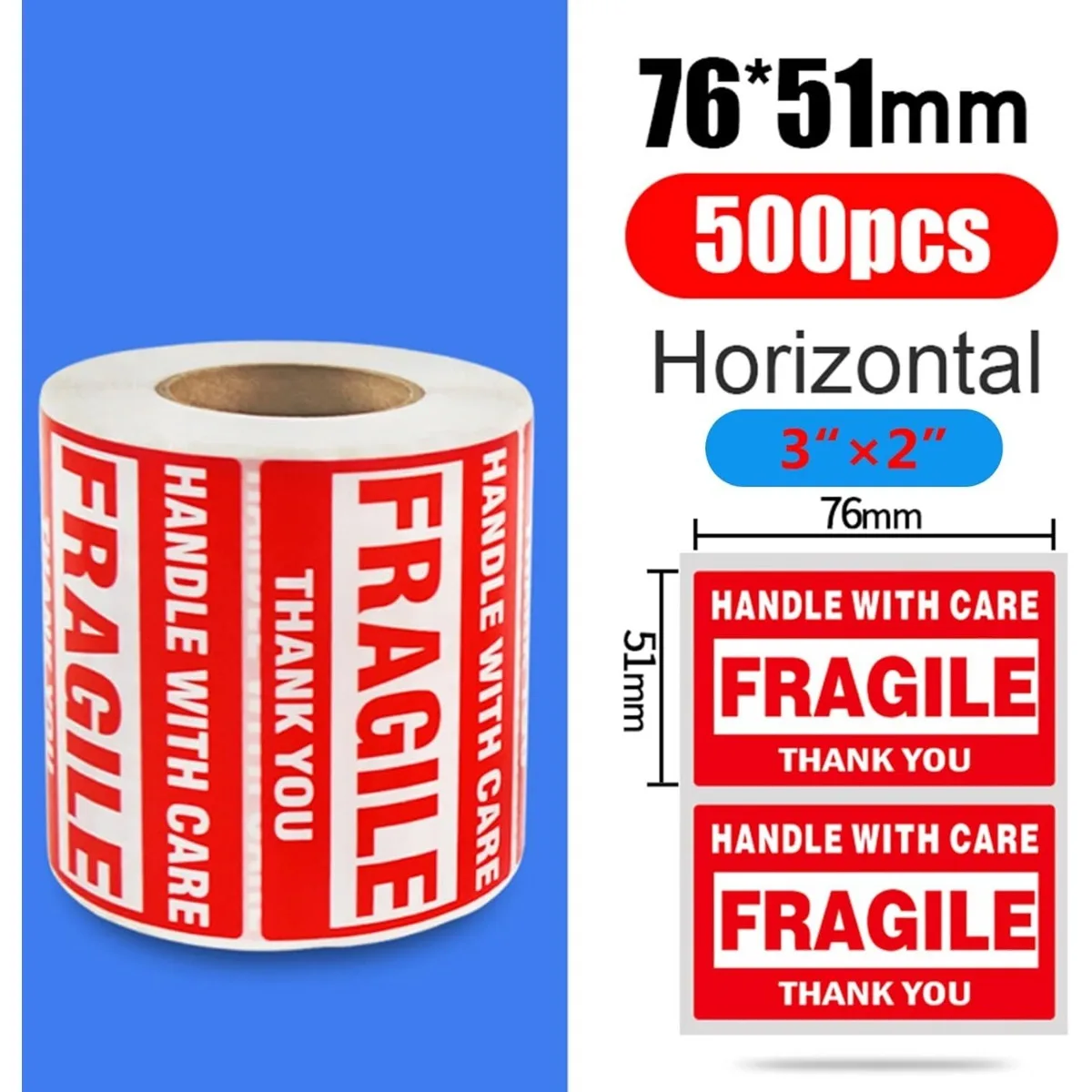 [깨지기 쉬운 경고 스티커] 500개 깨지기 쉬운 스티커 롤 - 빨간색 및 흰색 '조심해서 취급해주세요' 경고 라벨, 감사합니다