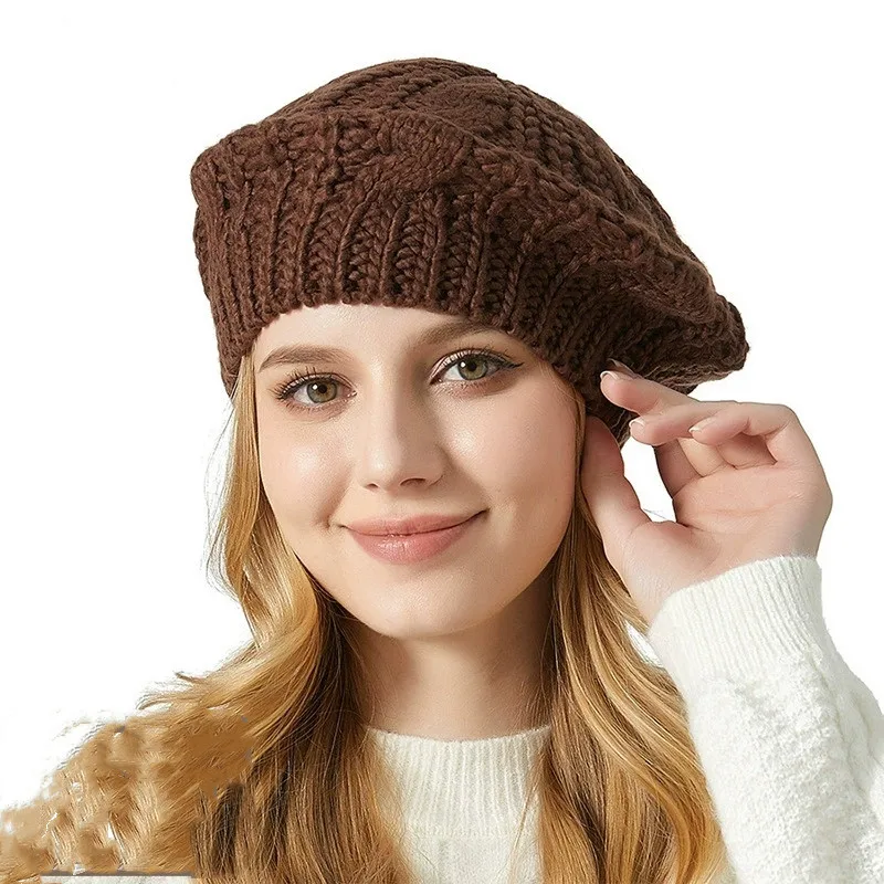 Warm Winter Women Knit Beret Cap French Artist Beret Hats Braided Baggy Wool Beanie Hat Solid Color Slouch Baggy Hat