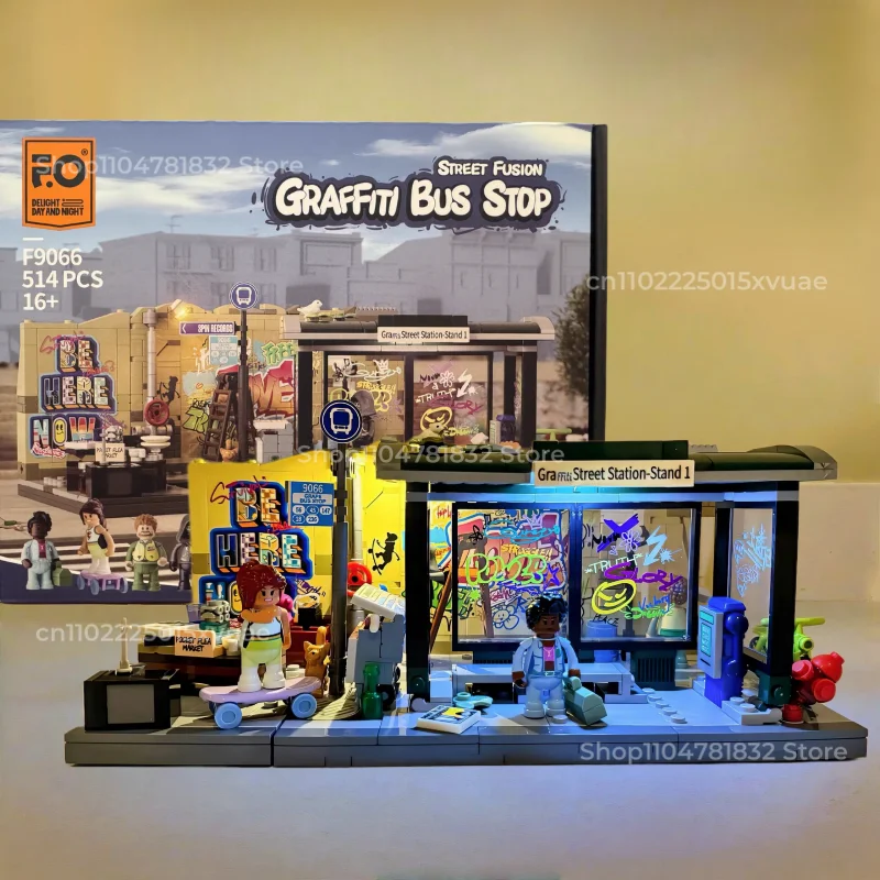 아메리칸 스트리트 시리즈 빌딩 블록 낙서 버스 정류장 거리 장면 조립 모델 도시 교육 장식품 컬렉션 선물