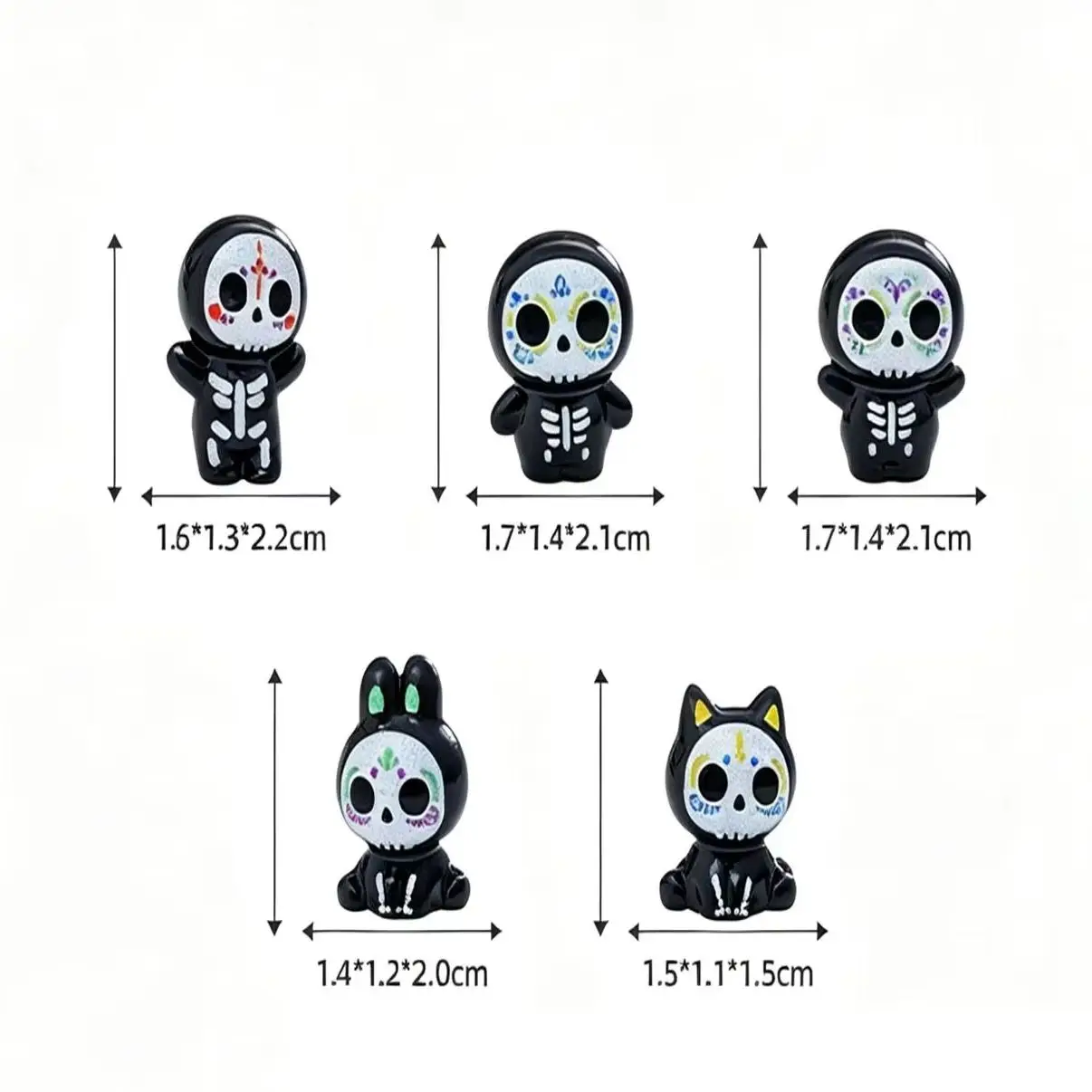 7 Mixed Undead Candy Skeleton Mini Doll Set, Solid Resin Ornament, Halloween Car Center Console Interior Decoration