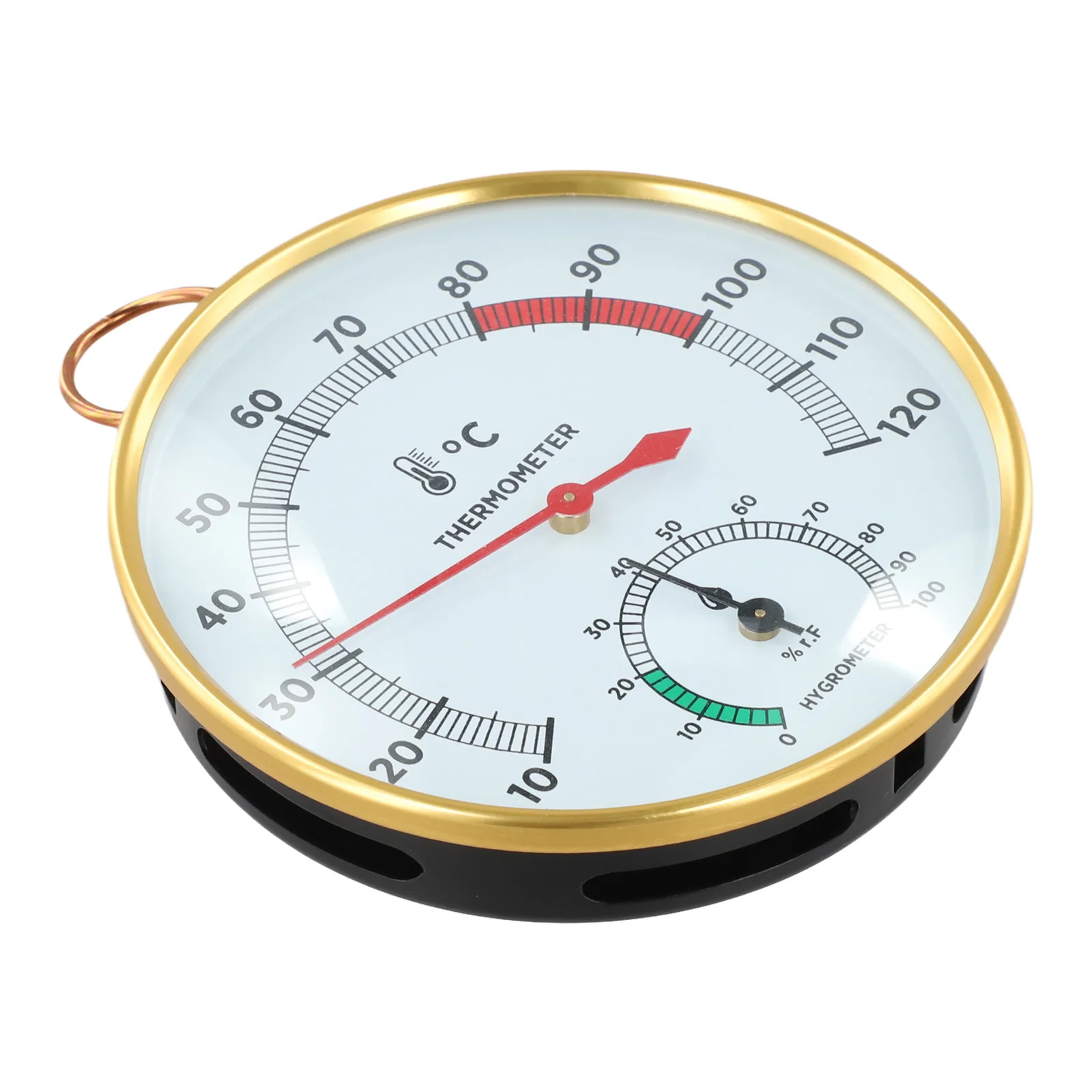 Temperature and humidity meter for sauna with metal ring and clear dial offering readings from 10 to 120 degrees Celsius