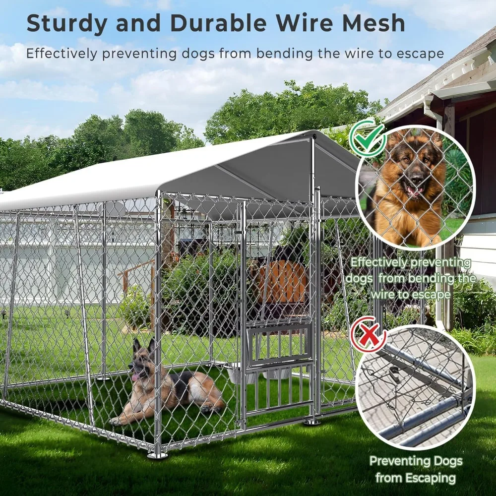 7.5 x 7.5 x 5.6 foot outdoor dog house with roof and bowl,large dog house fence with side rails, heavy-duty chain link dog house