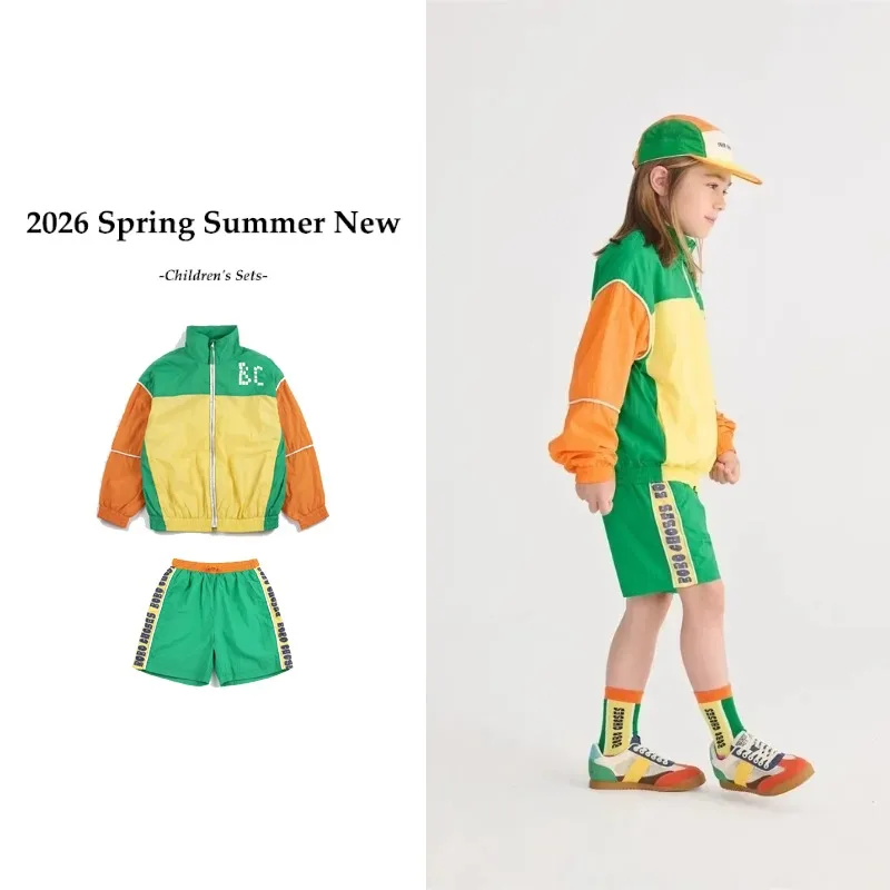 

Весенне-летний новый модный детский комплект: ветровка с цветовыми блоками и повседневные шорты в контрастных цветах