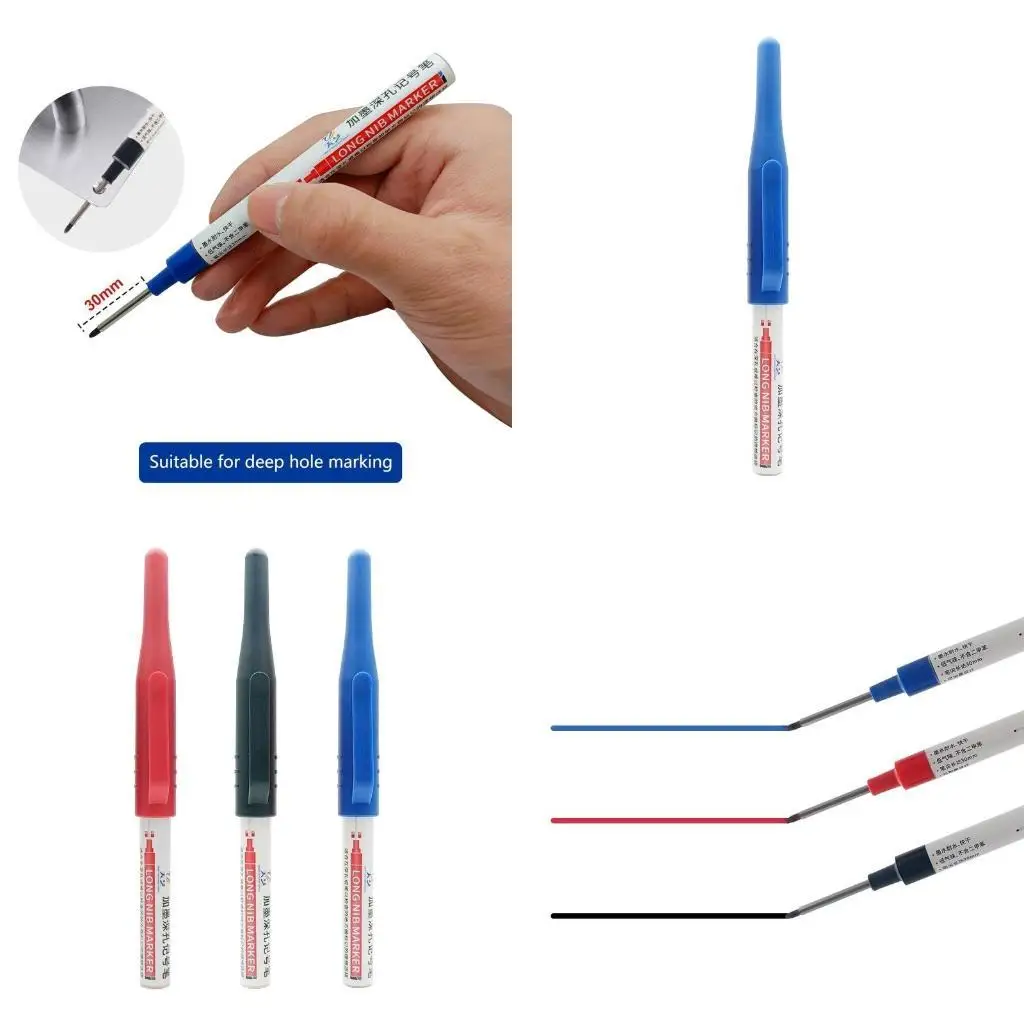 

652F Quick-drying Carpenter Pen 30mm Deep Drill Hole Marker Pens Red Black Blue DIY