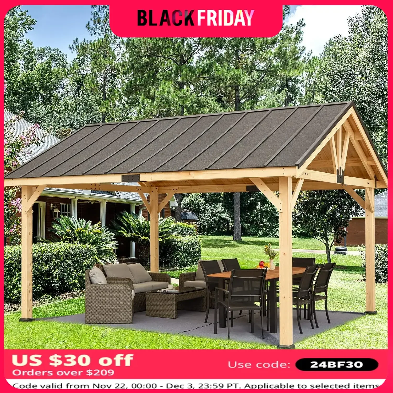 Wood Gazebo, 13' X 16' Gazebo Spruce Wood Hardtop Gazebo, Solid, Waterproof Asphalt Roof, for Lawns, Beach, Easy Assembly