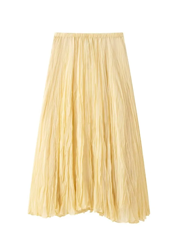 

Yellow Pleated Skirt Women Elegant Chic A-line Midi Skirt Casual Loose Solid Color Folds Skirts Elastic Waist 2025 New Summer