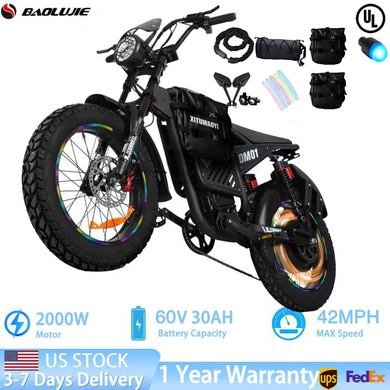 

BAOLUJIE DM01 Electric Motorcycle Electric Bicycle E-Bike for Adults 200W Motor 60V 30AH Battery 42 MPH Ebike【1 Year Warranty】