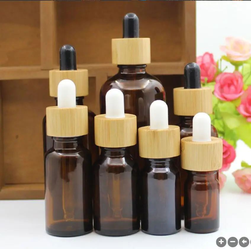 50ML brown/clear/blue/green glass bottle bamboo dropper lid essential oil liquid eye serum moisture sample cosmetic packing