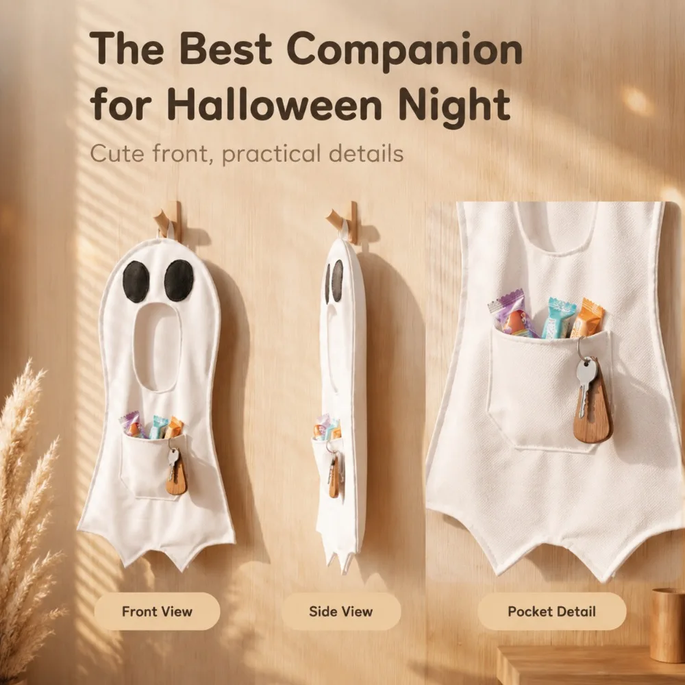 Halloween Ghost Bib Style Candy Bag, Trick-or-Treat Pouch, Adult Halloween Costume Accessory for Cosplay Party
