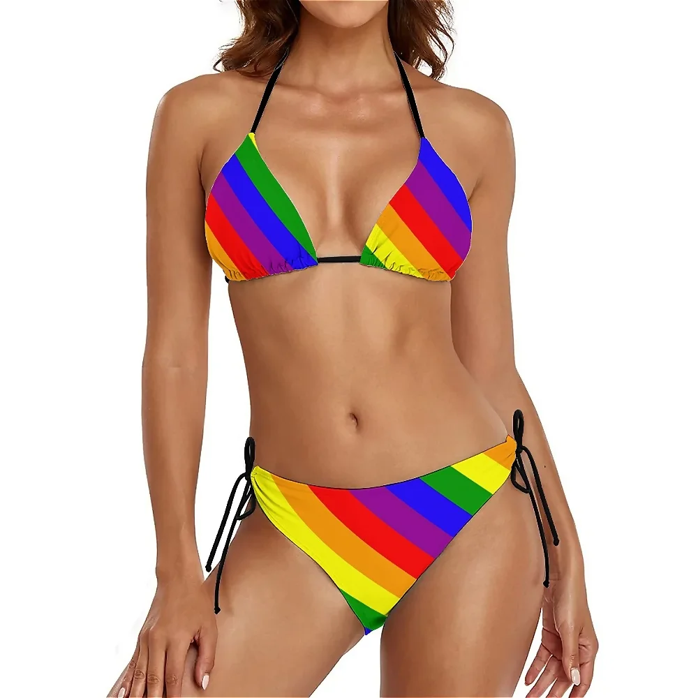 Rainbow Bikini Swimsuit Push Up Colorful Stripes Print Swim Bath Bikinis Set Trendy Swimwear Women Sexy High Cut Graphic Biquini