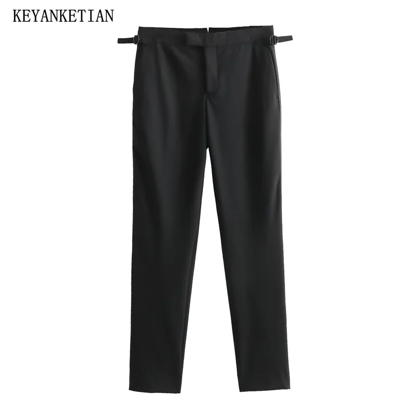 

KEYANKETIAN New Launch Women's Belt Buckle Decoration High-waisted Slacks Black Straight Pants Slim Office Lady Long Trousers