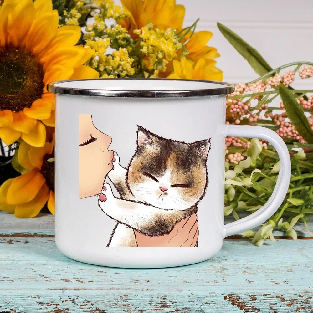 Cartoon Cat Print Enamel Coffee Tea Mugs Cute Animal Breakfast Dessert Milk Water Cups Love Cat Home Drinkware Best Friend Gifts