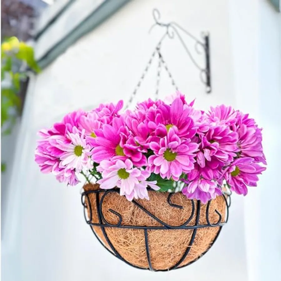 

16 Inch 4 Pack Outdoor Hanging Planter with Coco Liner Black Metal Wire Flower Basket Pots with Hook Hanger for Balcony Porch F