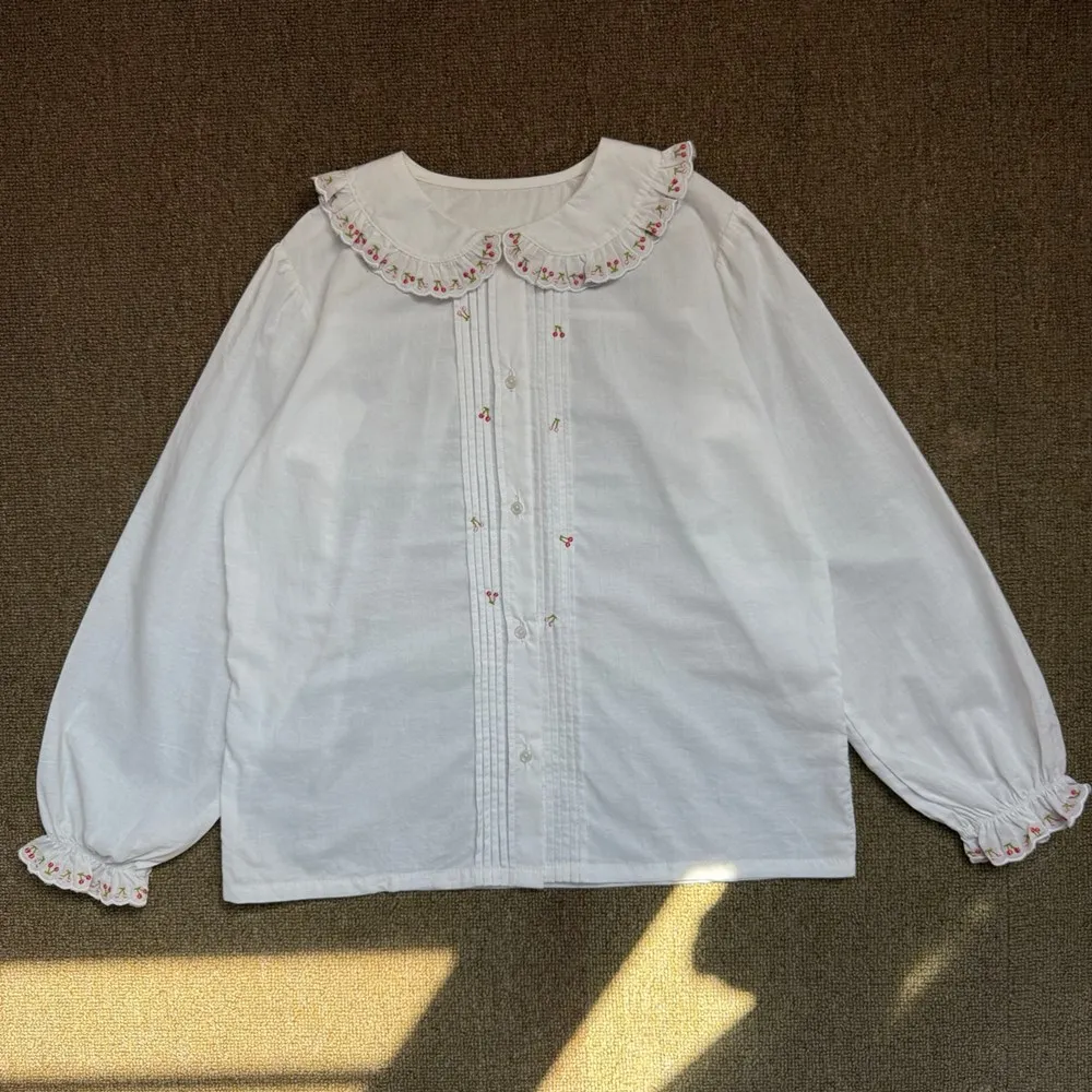kids girl clothes baby tops girl shirt French style Cherry patterned embroidered large lapel Sweet and versatile shirt