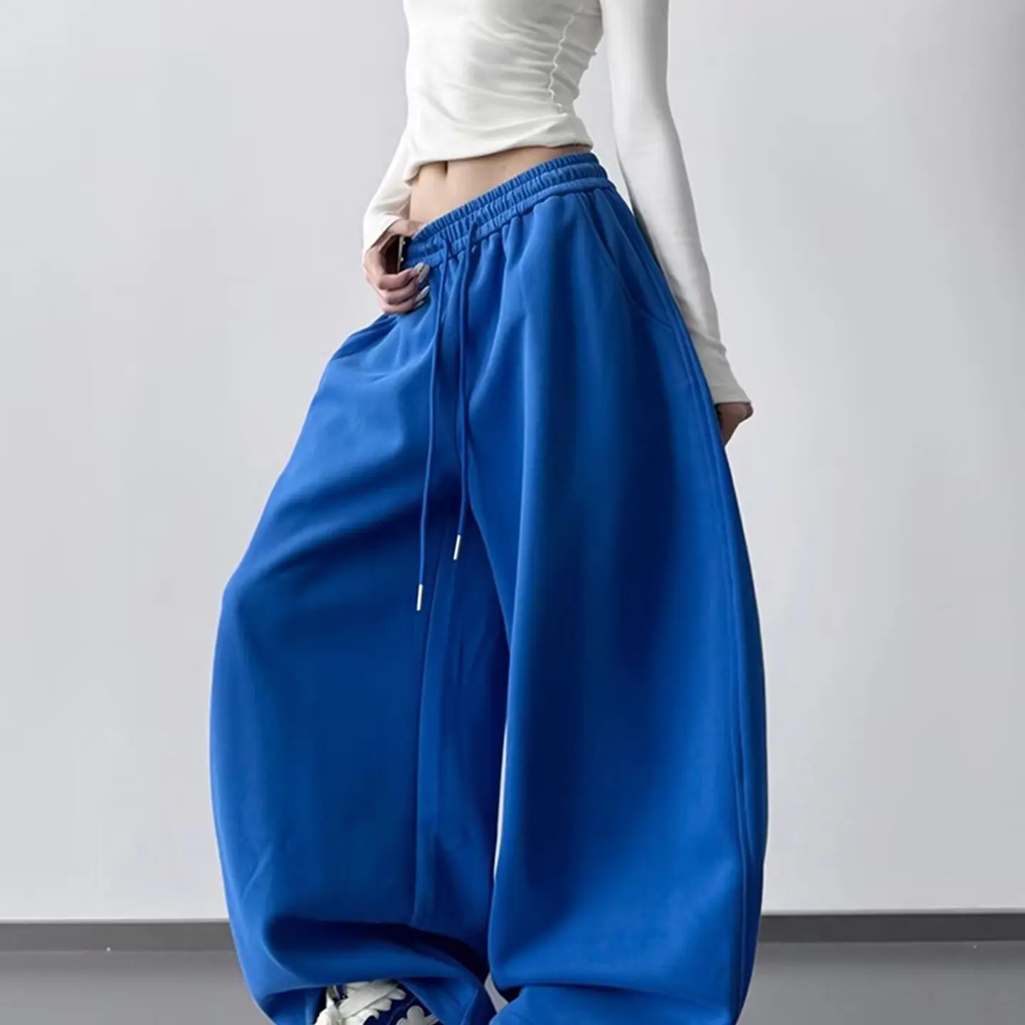 

High Waist Sweatpants Women's Winter Elastic Waistband Casual Wide-Leg Streetwear Trousers