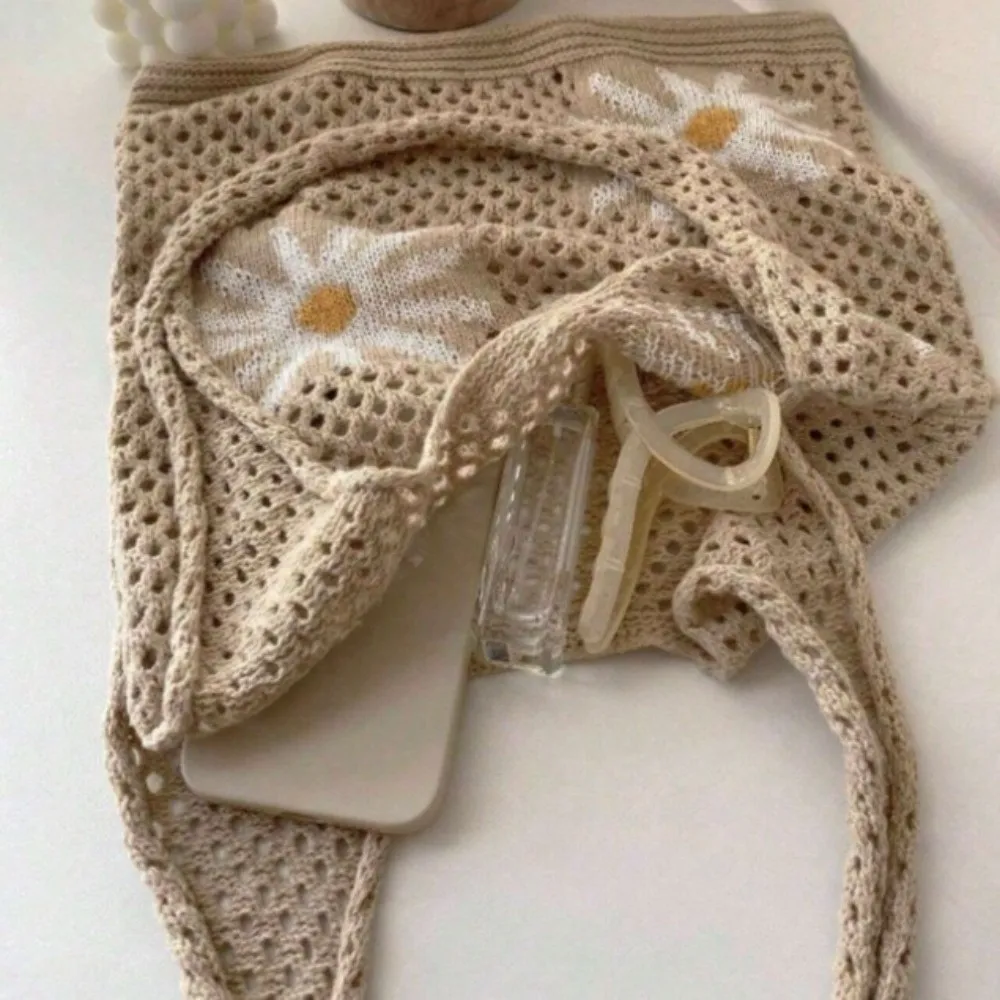 

Retro Crochet Tote Bag Large Capacity Simple Beach Knitting Bag Flowers Pattern Eco-Friendly Hollow Shoulder Bag
