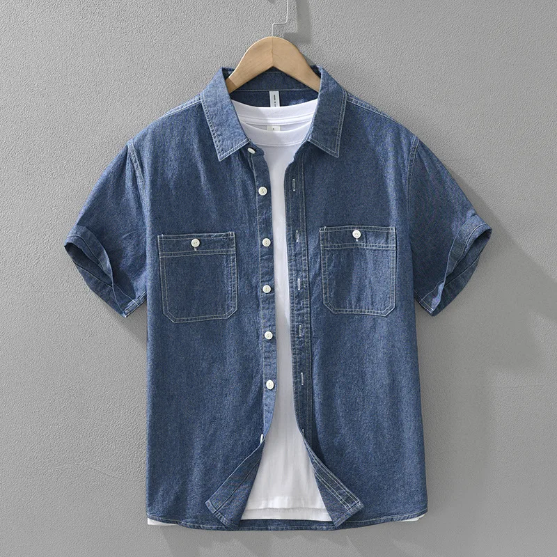 

Summer New Mens Short Sleeves Denim Shirt Japanese Vintage Jean Shirts Male Double Pockets Cowboy Top Comfort Pure Cotton Shirts