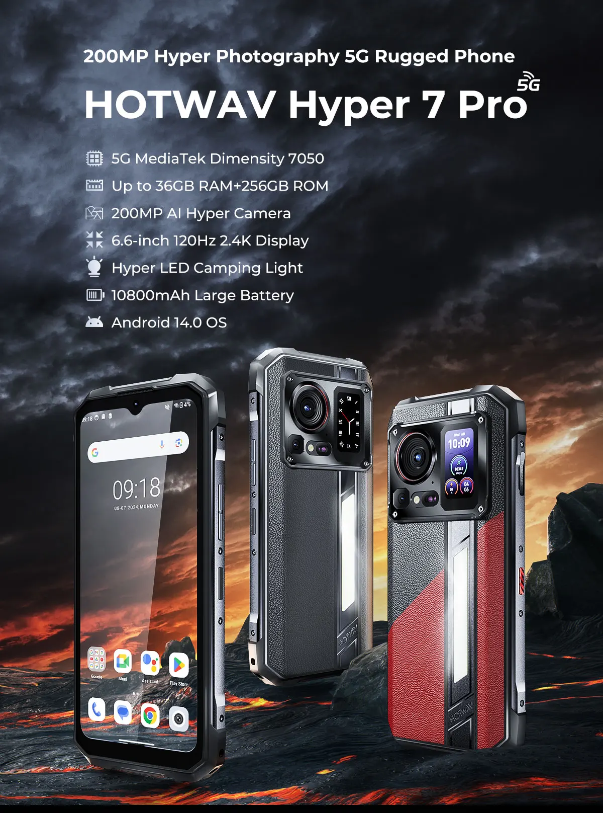 HOTWAV Hyper 7 Pro 5G Rugged Phone 200MP Android 14 6.6'' FHD+ 120Hz Smartphone 36(16+20)GB 256GB 10800mAh 33W Mobile Phone