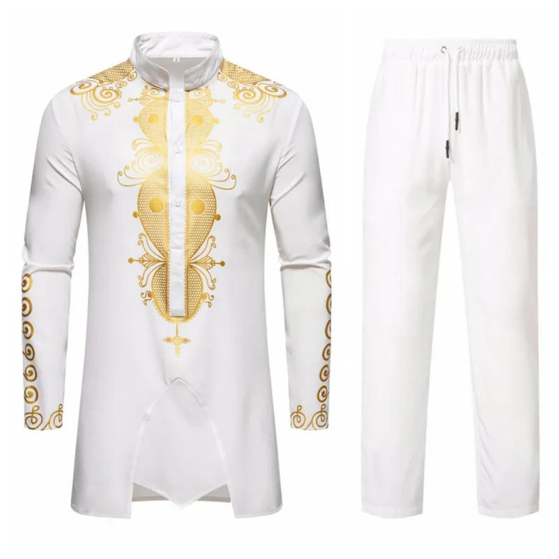 New Personality Men\'s Long sleeved Shirt Set with Leisure Dinner Print Design Muslim Robe Gold Plated Mid length Men\'s Clothing