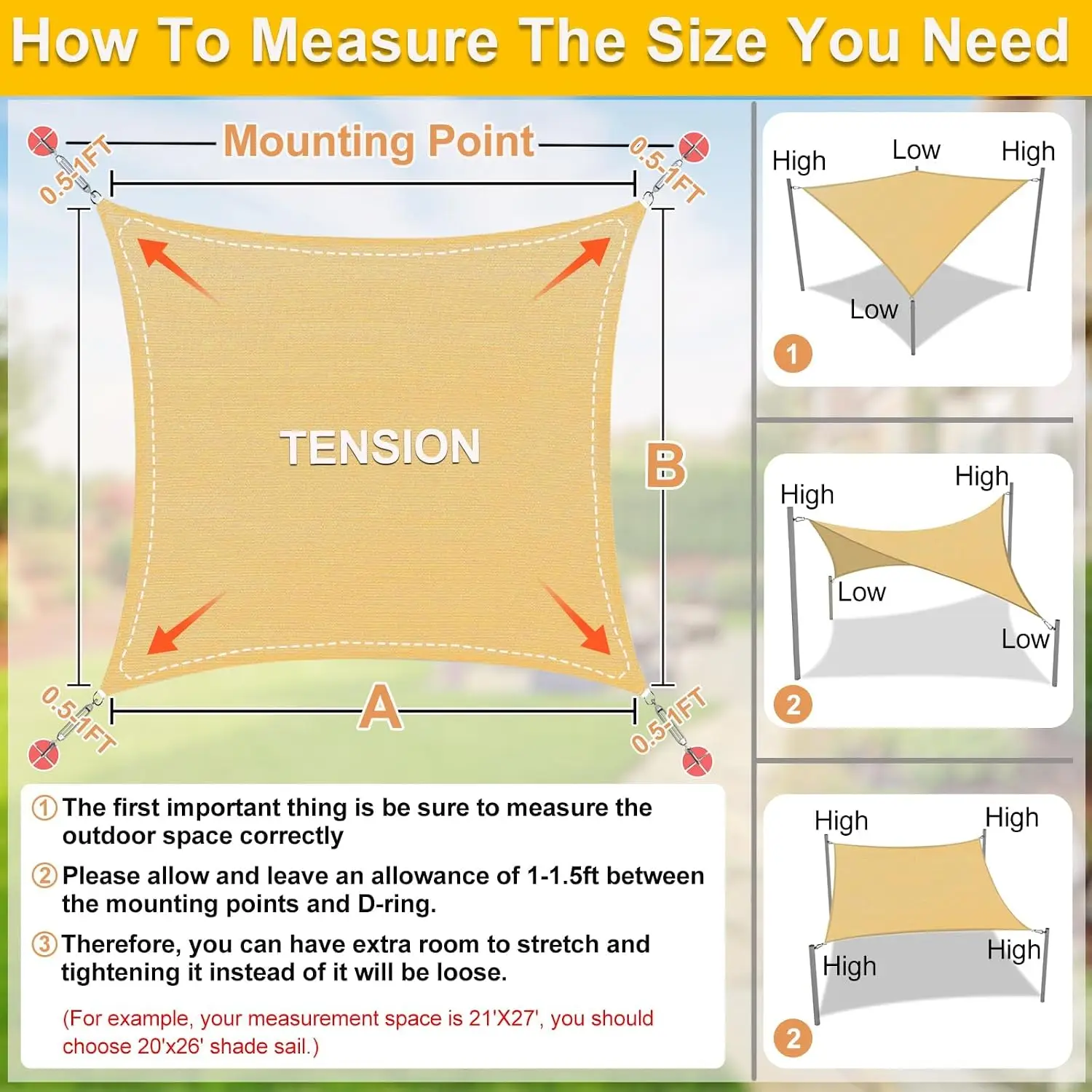 Sun Shade Sail Curved 20'X26' Sand Rectangle Outdoor Shade Cover UV Blovk Canopy for Patio Garden Backyard Heavy Duty Permeable