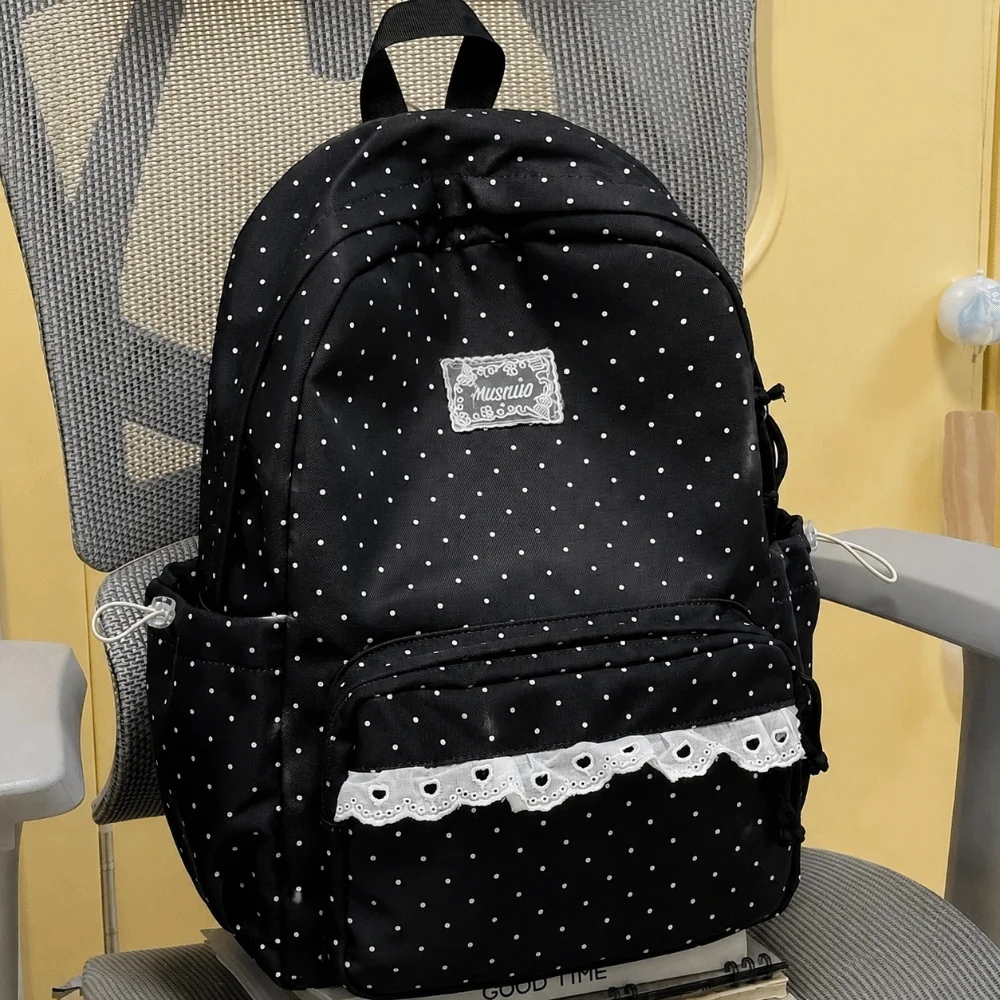 Cute Polka Dot Travel Backpack with Lace Large Capacity Student Schoolbag Multi-pocket Nylon Laptop Daypack