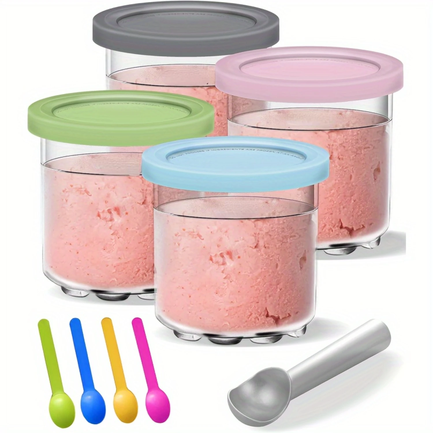 

Creami Ice Cream Maker Perfect Fit Containers & Lids - Leak-Proof, BPA-Free, Dishwasher Safe, 16oz Each, Includes 4 spoons & Ice