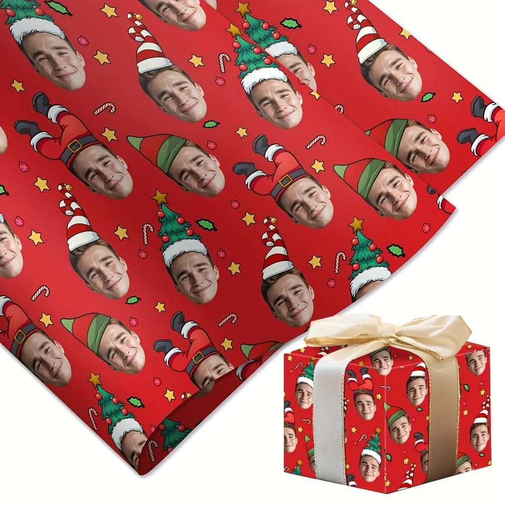 5 Sheets Customized Face Christmas Wrapping Paper, Personalized Elf Santa Hat Festive Gift Wrap Unique Merry Xmas Present Wrap view 3