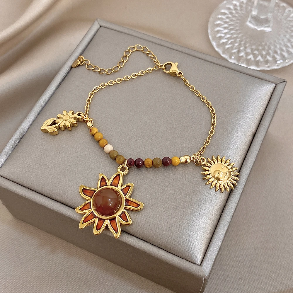 

DODOHAO Roman Sun Stainless Steel Bracelet for Women Artistic Flower Waterproof Bead Bracelet Adjustable Jewelry Accessories