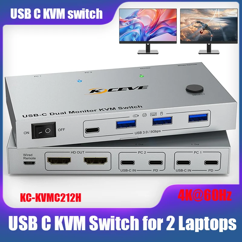 USB C KVM switch for 2 laptops,2 monitors, USB C Dual Monitor KVM Switch for 2 Laptops,Wired Remote and Cables Included