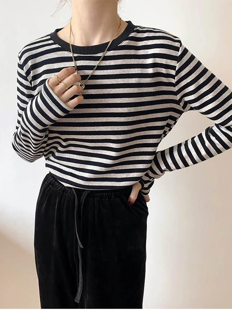 AOSSVIAO Basic Striped T-shirt Women Multi Colors Casual Cotton Stretchy Long Sleeve Tops Spring Autumn Loose Tee Shirt Femme