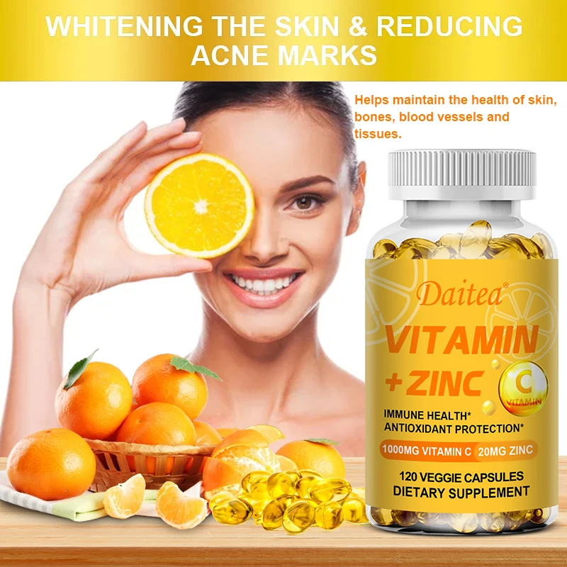 Daitea Vitamin C 1000mg + Zinc 20mg Capsule Supplement - Skin Health Cellular Energy Production Antioxidants