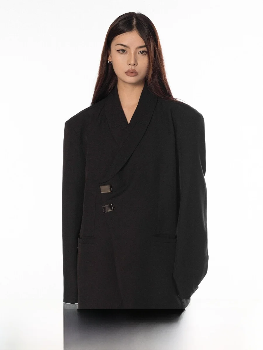 Street Style Loose Fit Suit Jacket Metal Clip Casual Design Unique Outline Angle Lapel Long Sleeve Blackbb Women's Coat
