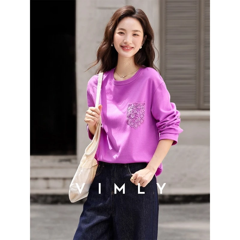 

VIMLY Cotton Woman Solid T-shirts Lace Patch Bag Round Neck Casual Loose Female Tees 2025 Autumn Long Sleeve Ladies Tops A0315