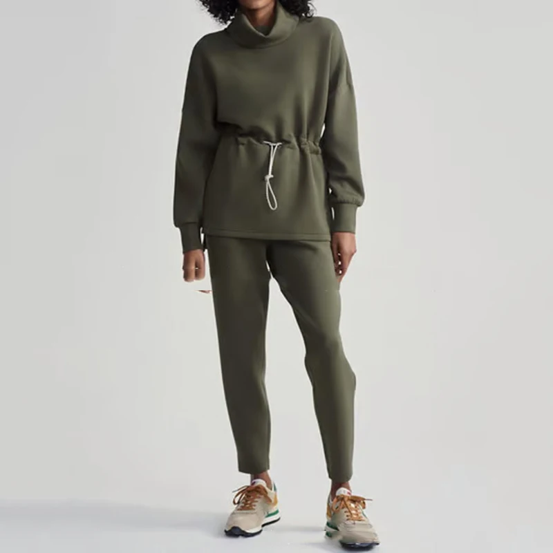 Spring Autumn Outfit Women Solid High Collar Drawstring Sweatshirt+High Waist Pencil Pants Female Sport Tracksuit Two Piece Set