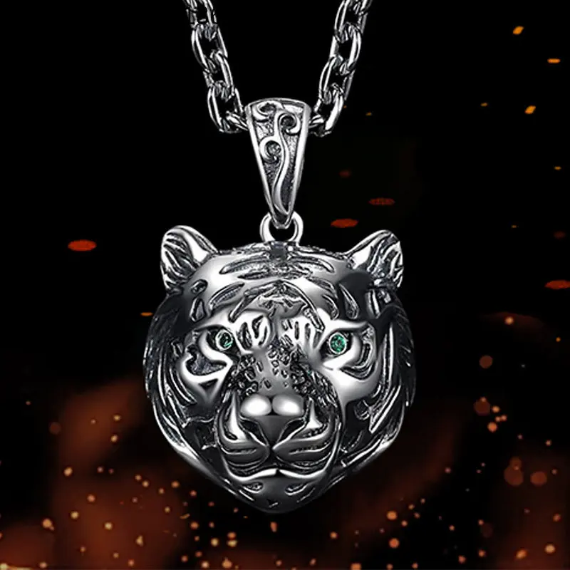 Zodiac Tiger Pendant Sterling Silver Male Shengwei  Head Pendant Guochao Ethnic Style Silver Necklace