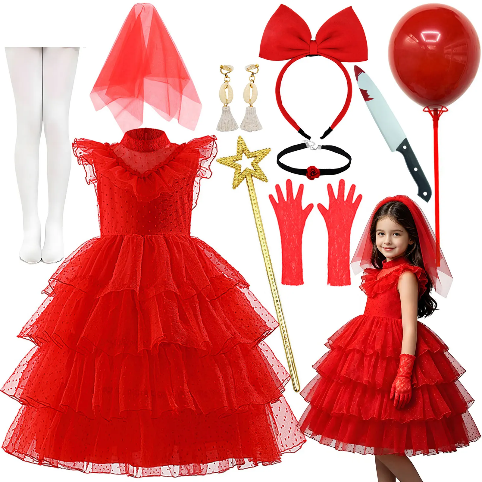 2026 Halloween Carnival Festival Girl Cosplay Vampire Red Lace Princess Dress + Lace Veil + Accessories Set Birthday Gift 3-12T