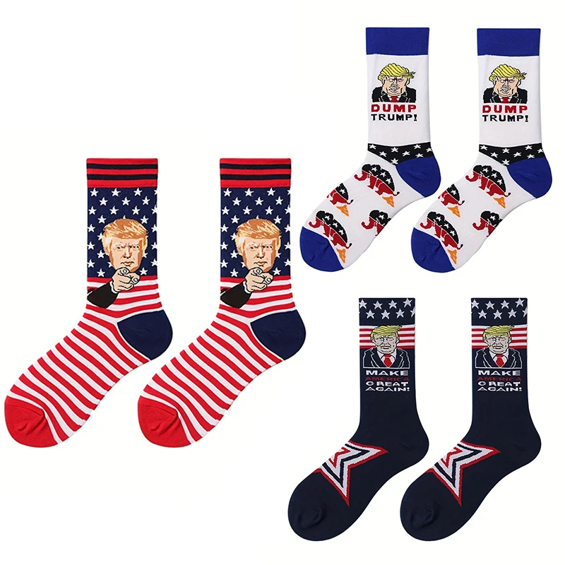 Fashion Men President Donald Trump Socks Novelty Funny Male Harajuku Streetwear Hip Hop Sokken American USA Flag Jacquard