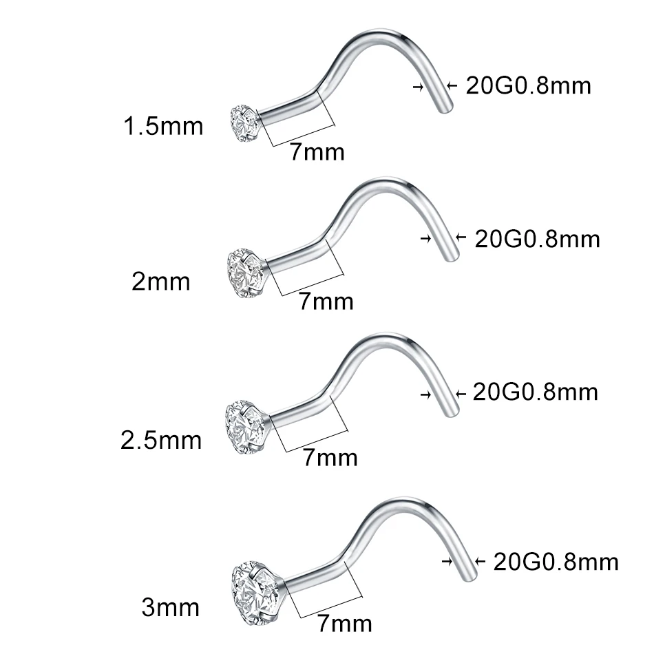 1PC G23 Titanium Round CZ Crystal Nose Stud Rings 20G Prong Nose Retainers S Shape Nostril Nariz Screw Piercings Jewelry 1.5-3mm