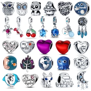 925 Silver Charms Sterile Owl with Blue Zircon, Red Heart Beads, Fine Diy Jewelry Making, if Fits Original Pandora, Hot Sale 8 Main Sales Berloques Silver - №8