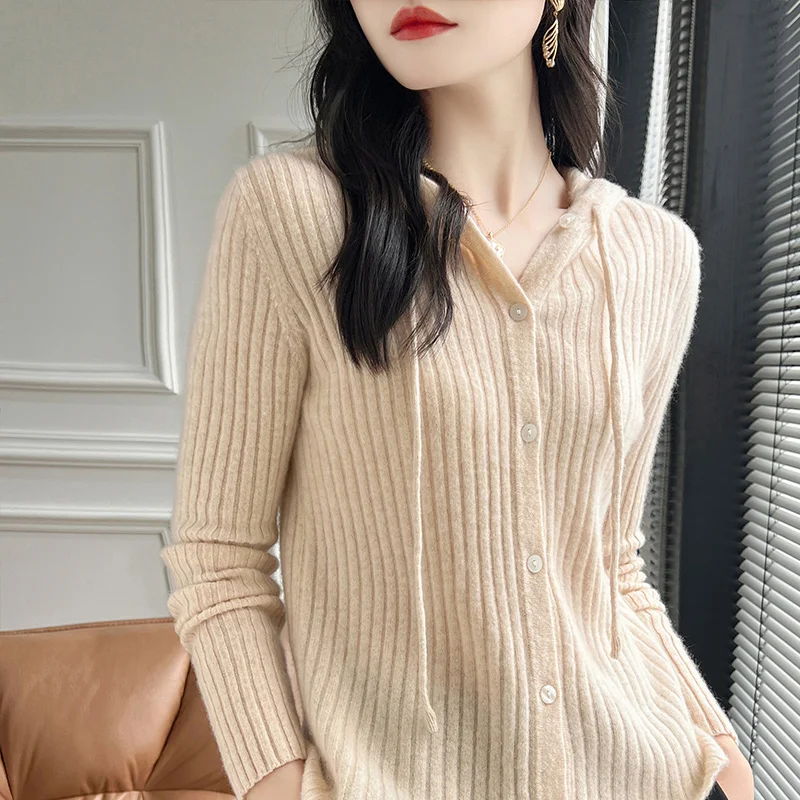 Vertical strip autumn and winter new 100% Merino wool cashmere cardigan Women's o neck cardigan warm bottom knit shirt top