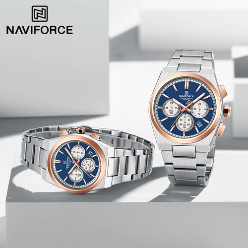 Marca superior NAVIFORCE, reloj cronógrafo de cuarzo para hombres y mujeres, banda de acero inoxidable, elegante indicador de fecha de 24 horas, relojes de pulsera para parejas 2024