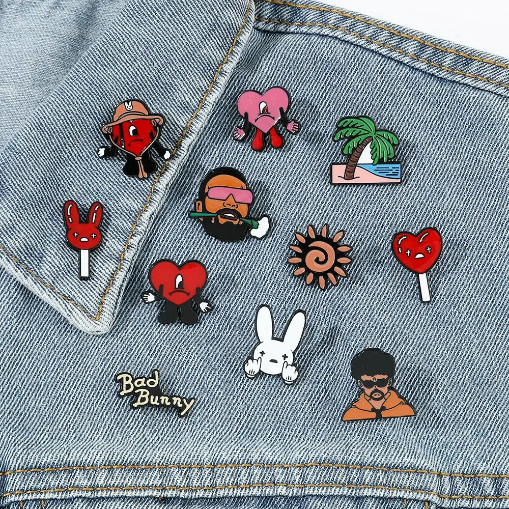 Cute Bad Bunny Brooch Cosplay Singer Bad Rabbit Red Heart Badge Enamel Brooch Clothing Backpack Pin Decoration Accessories Gifts